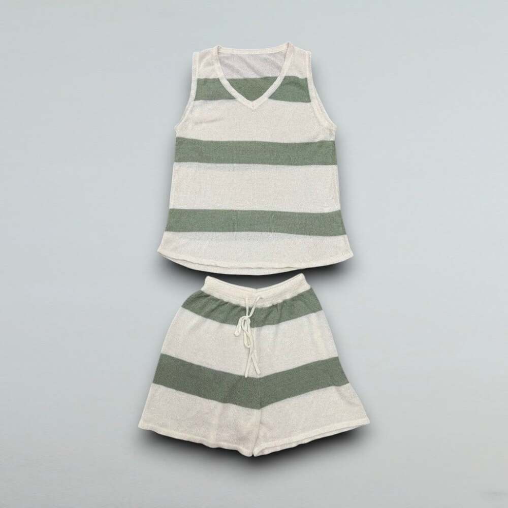 Sage Green Striped Knit Tank Top Shorts Two Piece Set Women’s Medium